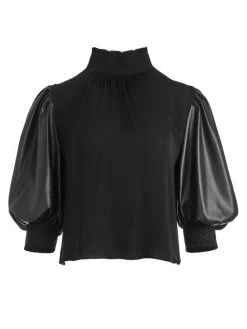 Alice + Olivia Carmina Faux Leather Puff-Sleeves Top