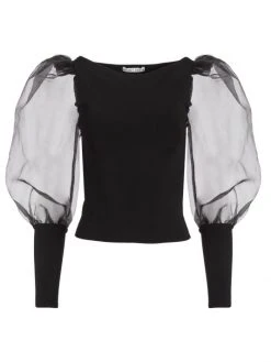 Alice + Olivia Abella Tulle Puff-Sleeve Blouse