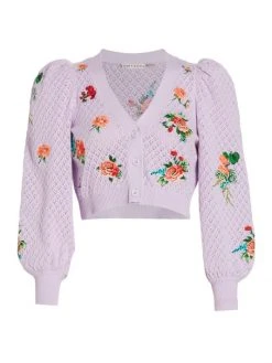 Alice + Olivia Morita Puff-Sleeve Cropped Cardigan