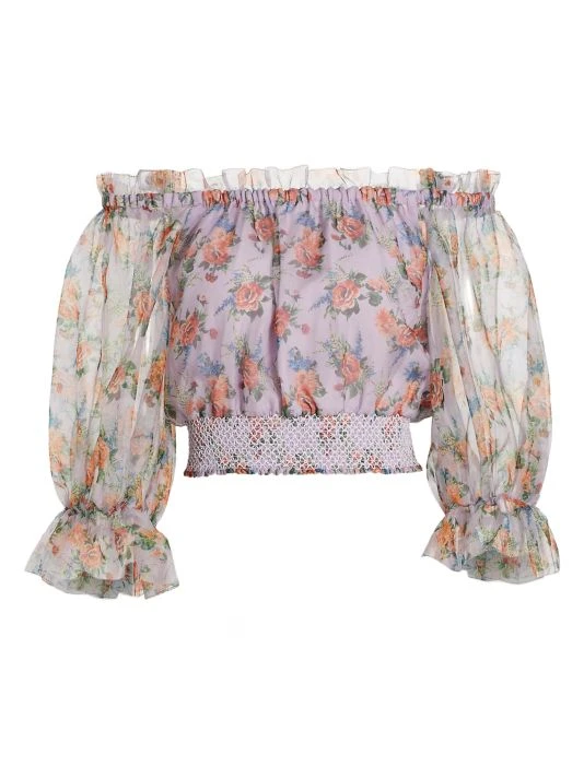 Alice + Olivia Caprina Silk Puff-Sleeve Crop Top 1 Alice + Olivia Caprina Silk Puff-Sleeve Crop Top