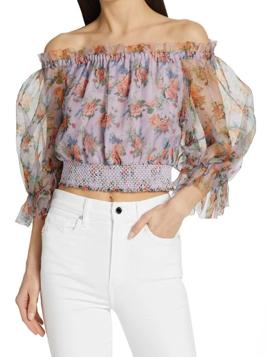 Alice + Olivia Caprina Silk Puff-Sleeve Crop Top 3 Alice + Olivia Caprina Silk Puff-Sleeve Crop Top - Image 3