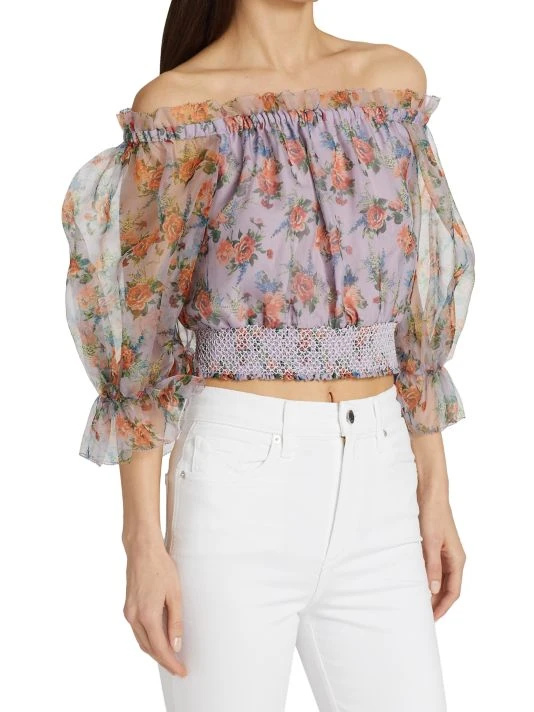 Alice + Olivia Caprina Silk Puff-Sleeve Crop Top 4 Alice + Olivia Caprina Silk Puff-Sleeve Crop Top - Image 4
