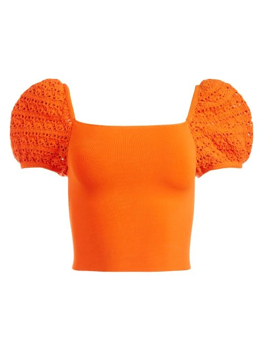 Alice + Olivia Caley Crochet Puff-Sleeve Top Soft White 1 Alice + Olivia Caley Crochet Puff-Sleeve Top Soft White