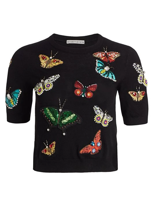 Alice + Olivia Ciara Butterfly Embroidery Stretch-Wool Pullover 1 Alice + Olivia Ciara Butterfly Embroidery Stretch-Wool Pullover